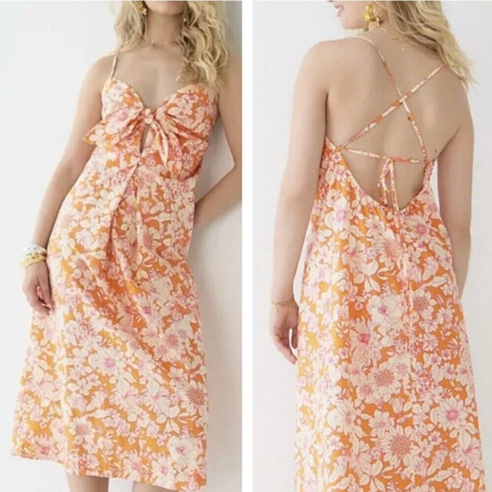 NEW J.Crew Floral Tie Front Cotton Poplin Midi Dress L Orange Pink Strappy NWT